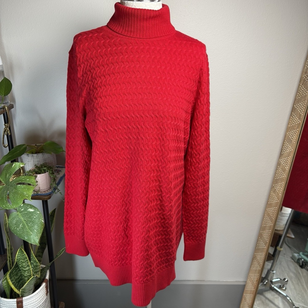 Lands End Women L Red Turtleneck Sweater Classic 100% Cotton Textured Knit